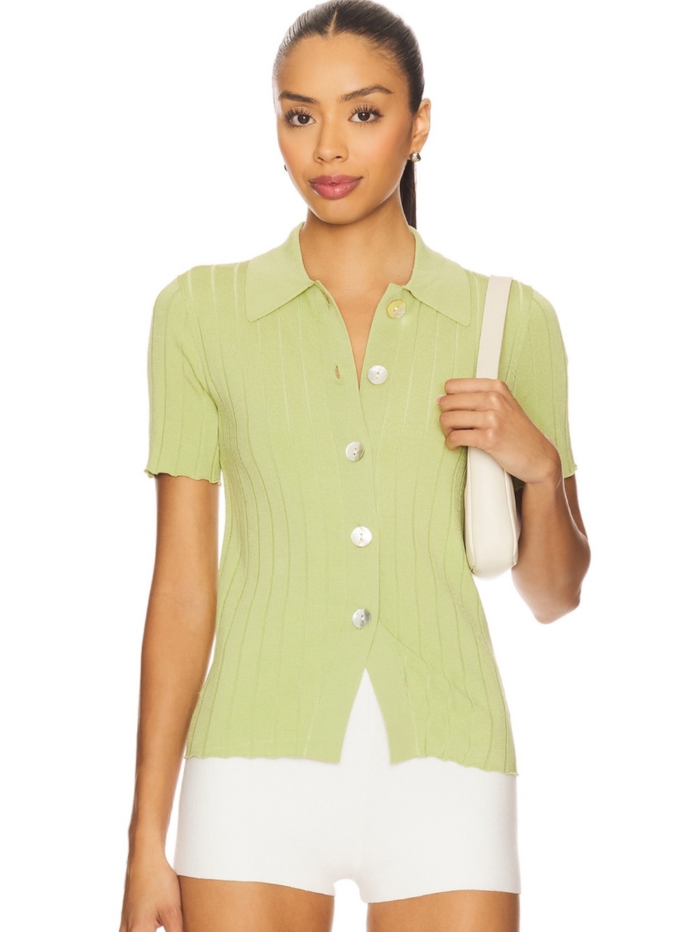 pistola Light Green Short-Sleeve Ribbed Button-Down Top